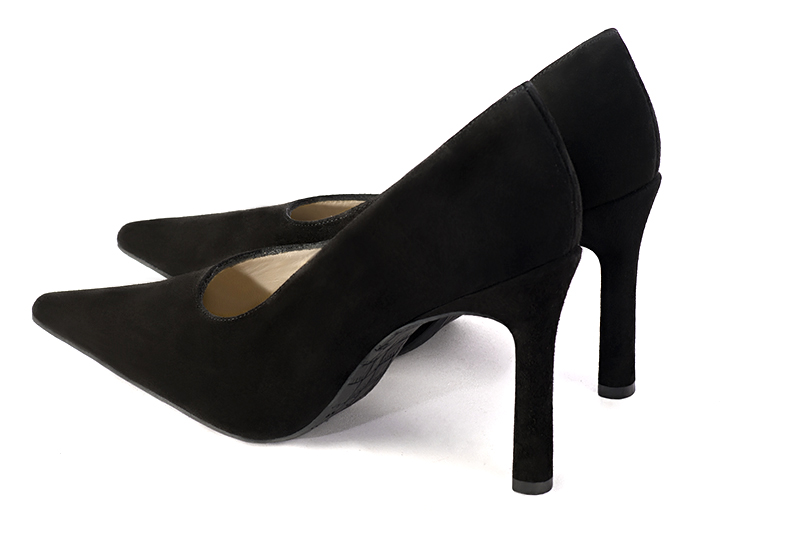 Matt black women's dress pumps, with a round neckline. Pointed toe. Very high slim heel. Rear view - Florence KOOIJMAN